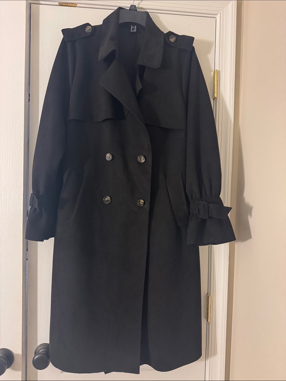 Forever 21 Black Double-Breasted Trench Coat with Cuff Bows